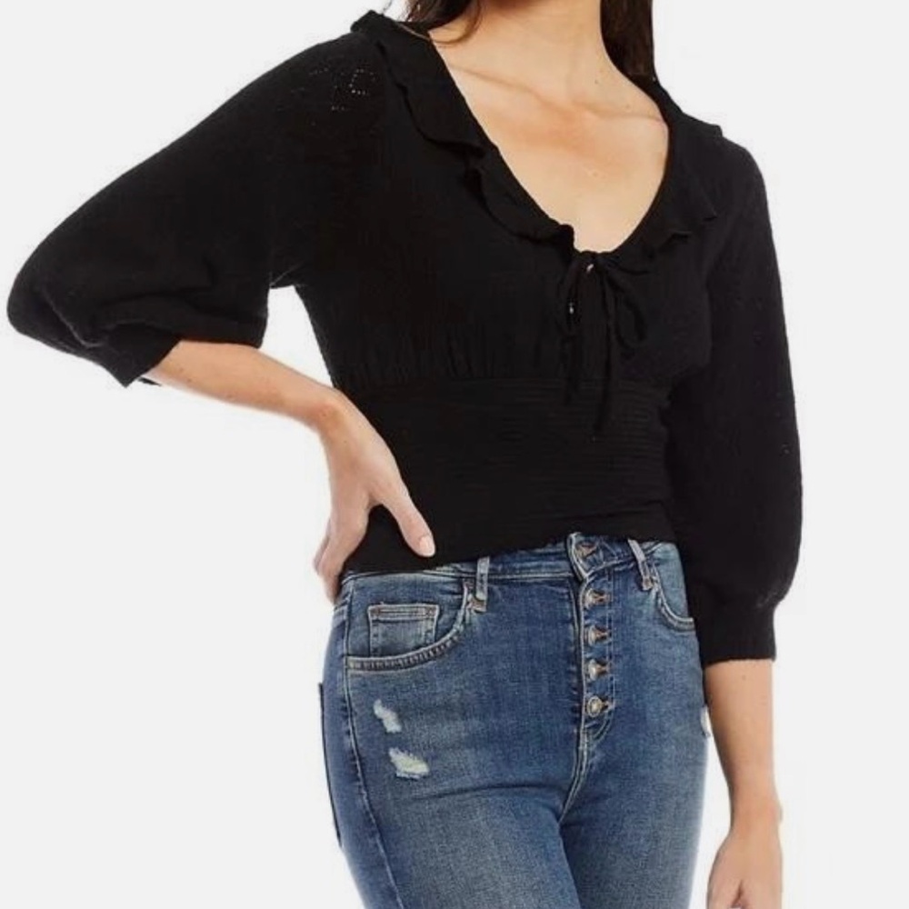 Free People Black Smocked Long Sleeve Top